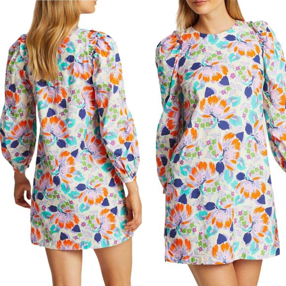 CECILIE COPENHAGEN Mirna Dress Mini Shift Ivory Blue Orange Floral Large NWT - Picture 1 of 11